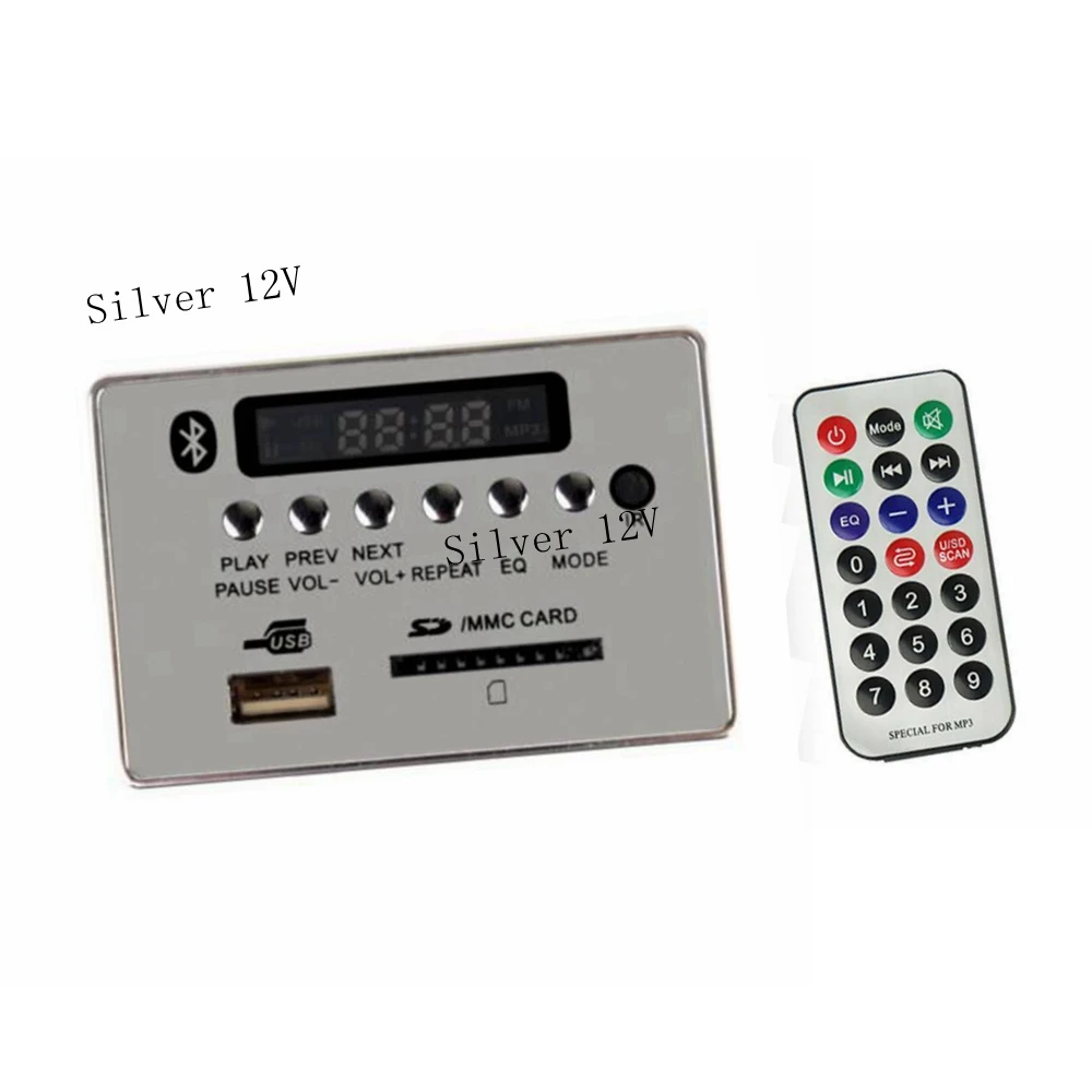 Silver 12V 5 V-12 V автомобильный Bluetooth MP3 WMA FM AUX аудио декодер доска пластина аудио модуль памяти SD карты USB радио автомобиль MP3 Динамик аксессуары - Цвет: Silver 12V