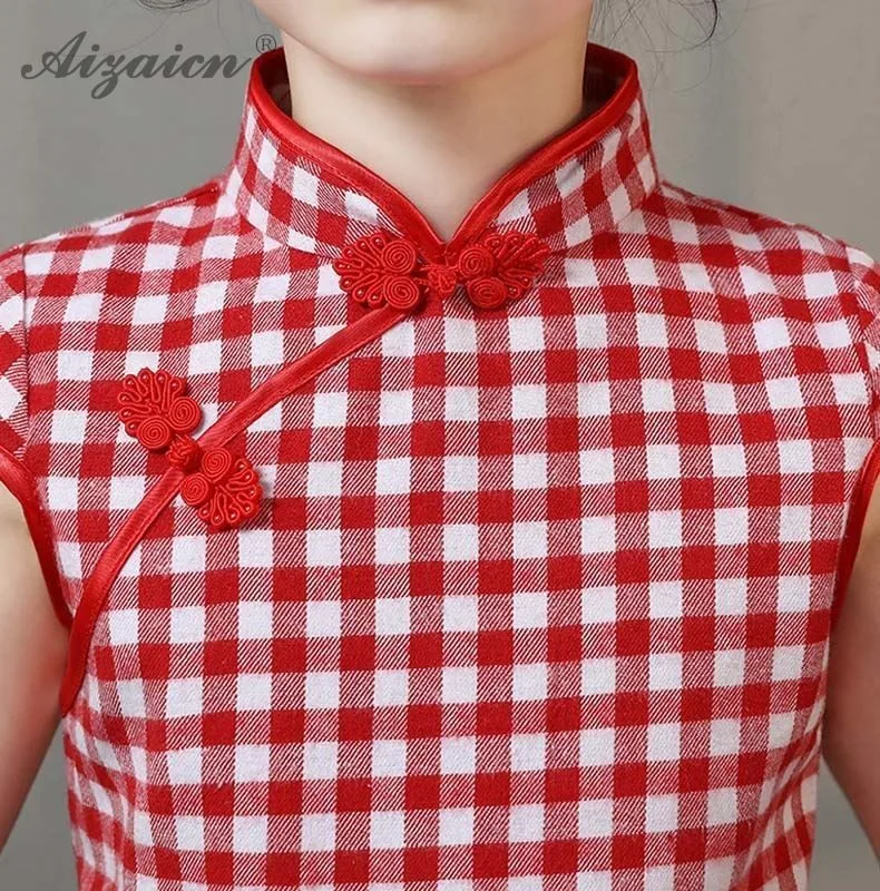 Лето г. Красный Клетчатый хлопковый Cheongsam современная детская Qi ПАО Восточный стиль дети винтажное платье Chinoise детское тонкое платье Qipao