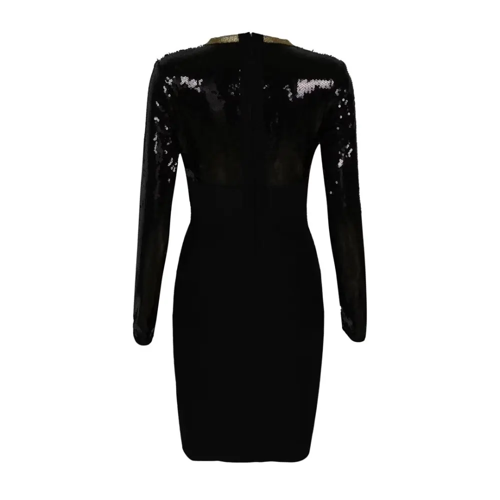 

V-Neck Sequin Bandage Dress Fashion Night Club Celebrity Party Autumn Winter Sexy Bodycon Dresses Mini Elegant
