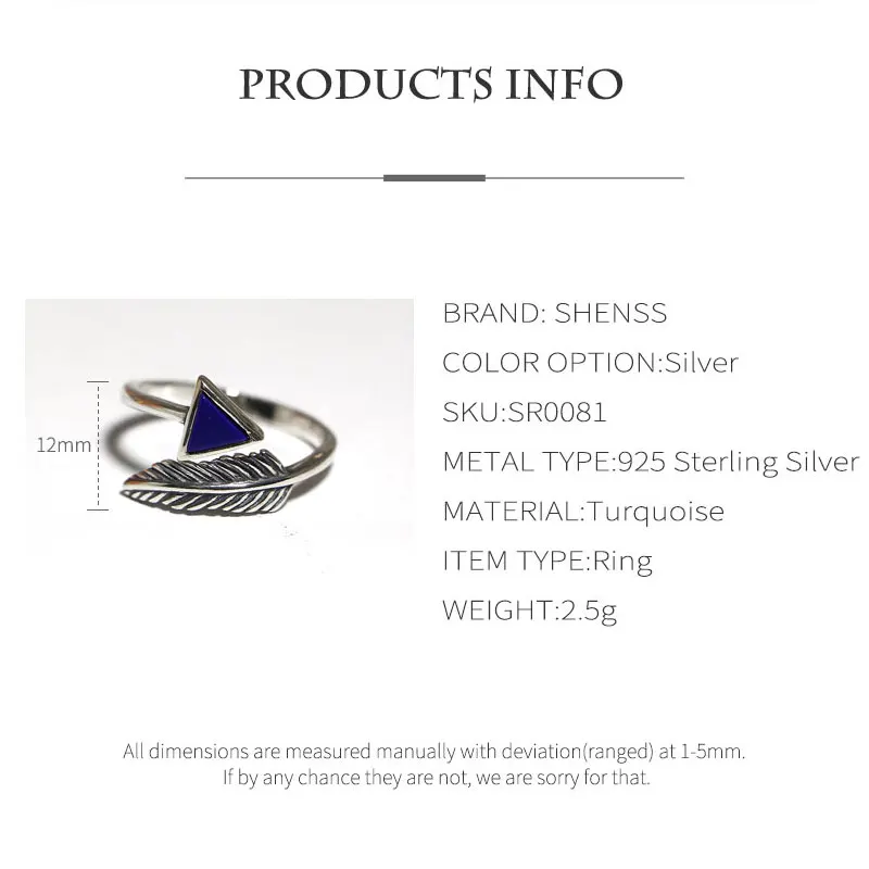 Elegant Quality 925 Adjustable Rings Vintage Feather Turquoise Ring Sterling Silver for Women Jewely |
