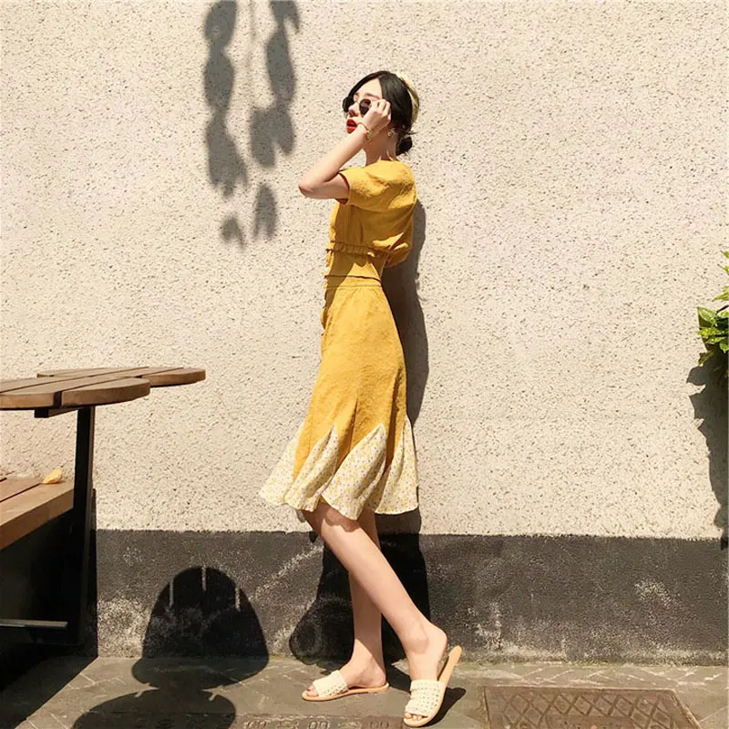 Французская ниша желтое платье Лето 2019 новая женская одежда костюм ретро