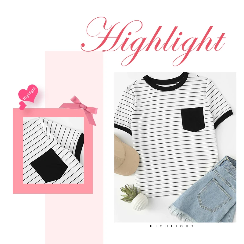 Dotfashion Black And White Patch Pocket Striped Ringer Tee Women Casual Tops Summer Short Sleeve Preppy Colorblock T-Shirt