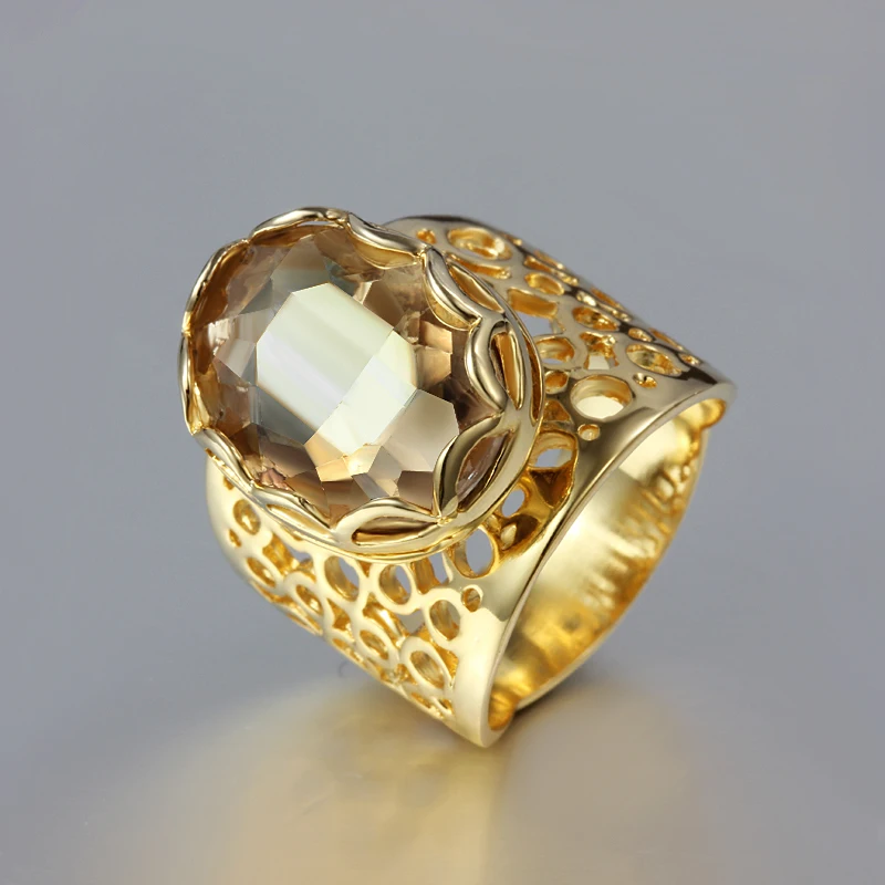 Hot sale gold color Hollow glass crystal finger ring queen fashion jewelry size 6-9 # woman girl christmas gift drop shipping | Украшения и