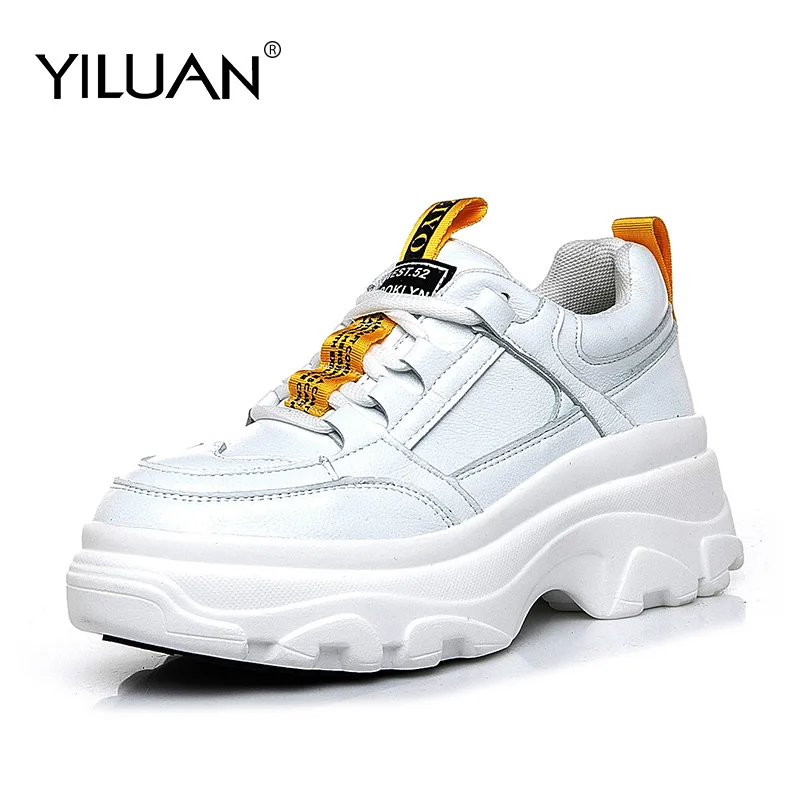Yiluan/Полосатые кроссовки; женская обувь на платформе; коллекция года; сезон осень; белая повседневная обувь; женская кожаная обувь на плоской подошве, визуально увеличивающая рост; Студенческая обувь; маленькие размеры на 7 см