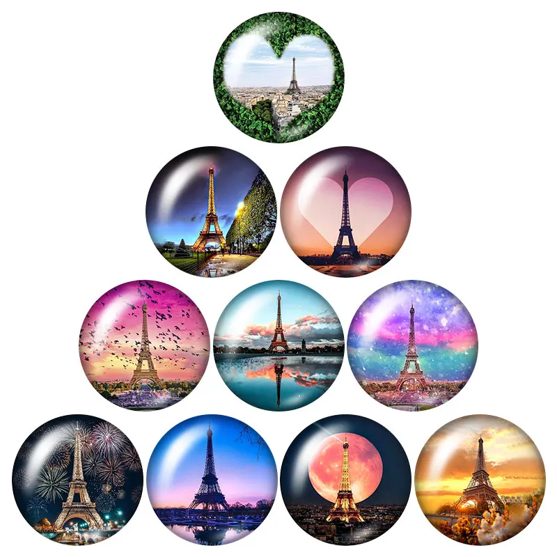 

New LoveEiffel Towerscenery 10pcsmixed 12mm/16mm/18mm/25mm Round photo glass cabochon demo flat back Making findings ZB1010