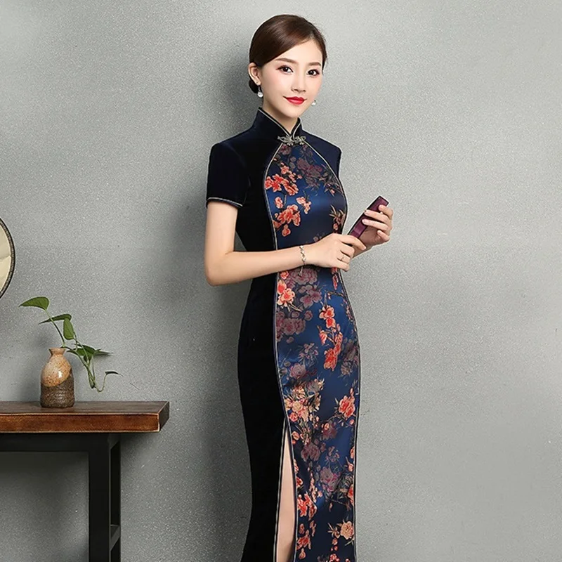Китайское платье Qipao Шанхай раннее бархатное Ципао с коротким рукавом винтажное