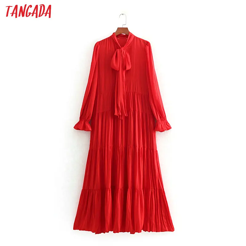 Tangada красное платье яркое платье платье с бантом платье с лентом длинное платье длина миди платье до середины икры платье на высокий рост платье с длинными рукавами шифоновое платье плиссированная юбка CE01