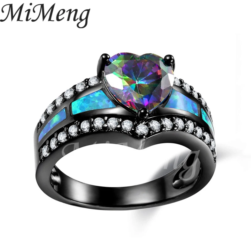 MiMeng Fire Opal Rainbow CZ Colorful Heart shaped Ring For Women Black Gold Color Statement for Girls Gift M30 | Украшения и
