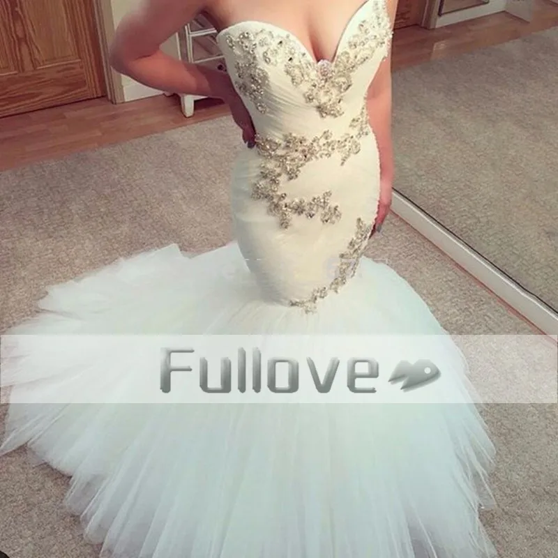 

Luxury Crystal Tiered Tulle Mermaid Wedding Dresses 2019 Sexy Sweetheart Bodice Corset Bridal Dresses Vestido De Noiva Mariage