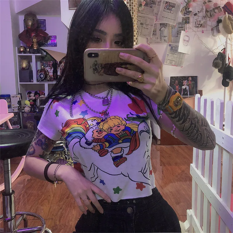 Vogue Лето Harajuku женская футболка с мультяшным принтом Лоскутная уличная укороченная футболка с коротким рукавом и круглым вырезом Футболка в английском стиле