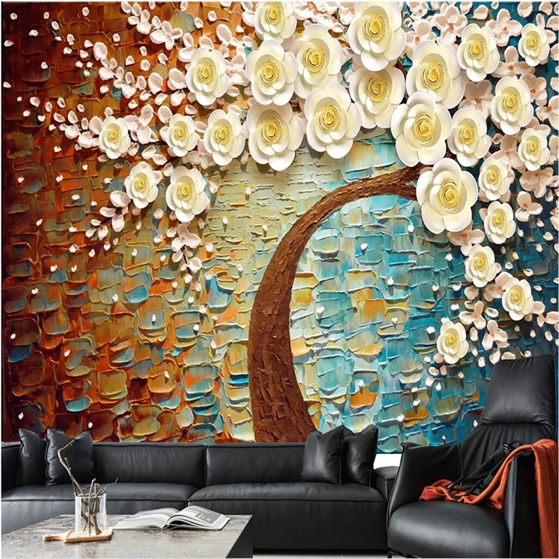 

beibehang Large model custom wallpaper Three-dimensional relief rose large oil painting TV background wallpaper papel de parede