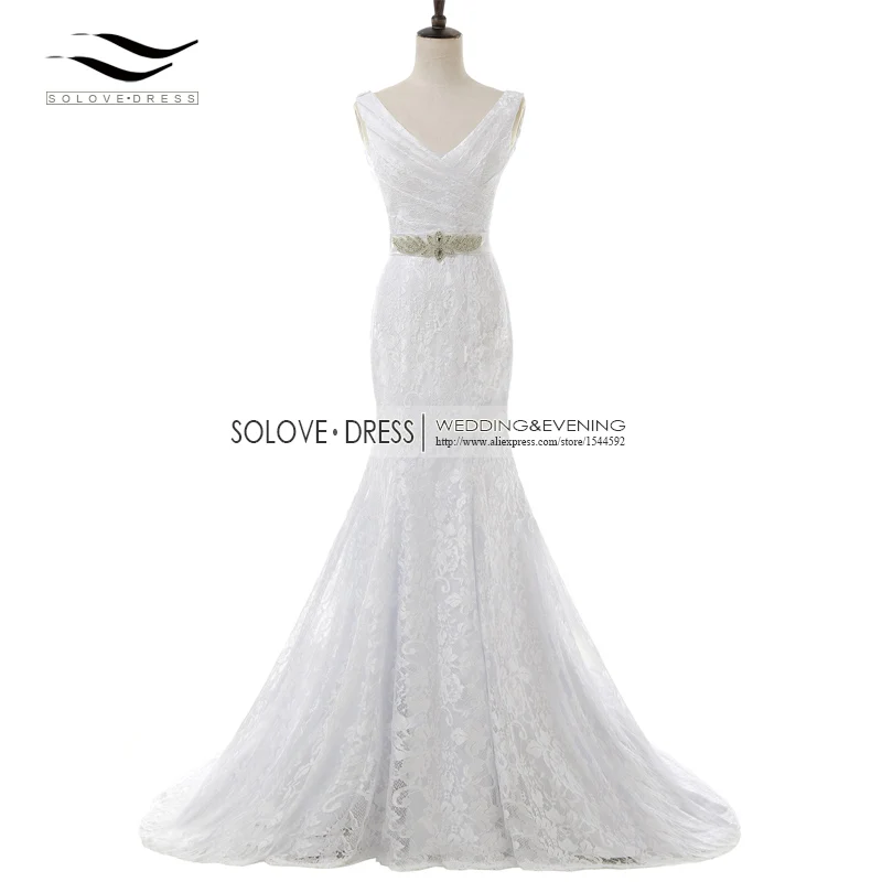 Слоновая кость Solovedress Плиссированное кружевное свадебное платье русалки с v-образным вырезом элегантное кружевное пляжное свадебное платье vestido De noiva шлейф SLD-W81 - Цвет: Слоновая кость