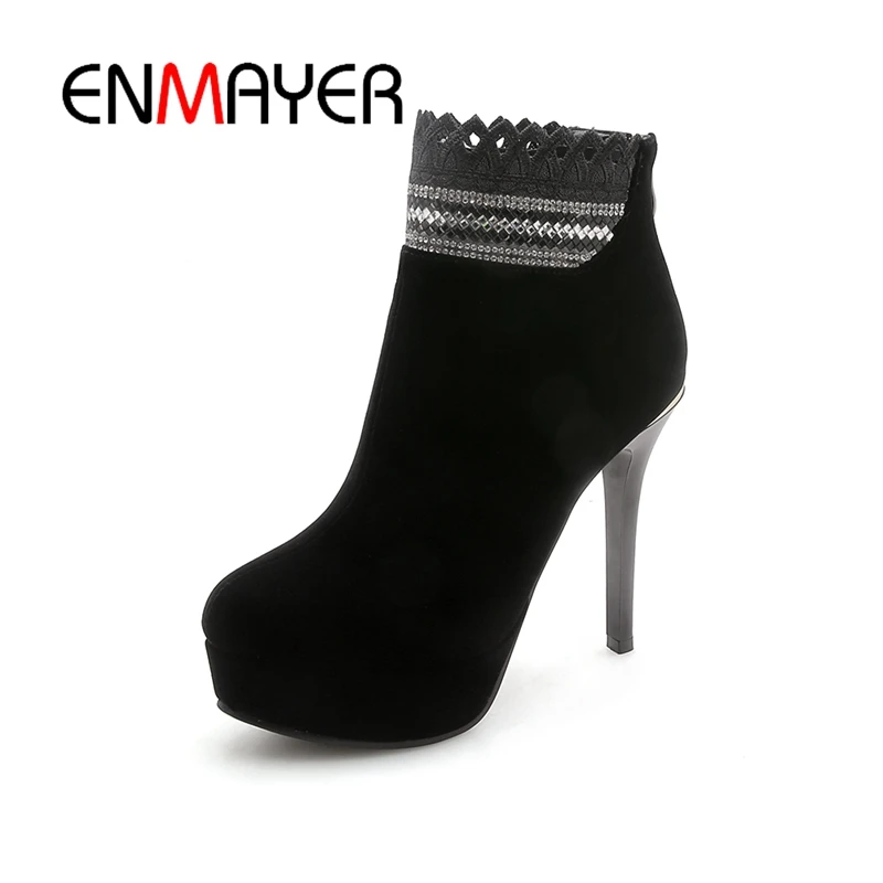 

ENMAYER Women Ankle Boots Big Size 32-42 Causal High Heels Thin Heels Fashion Boots Round Toe Flock Shoes woman Zipper CR1227