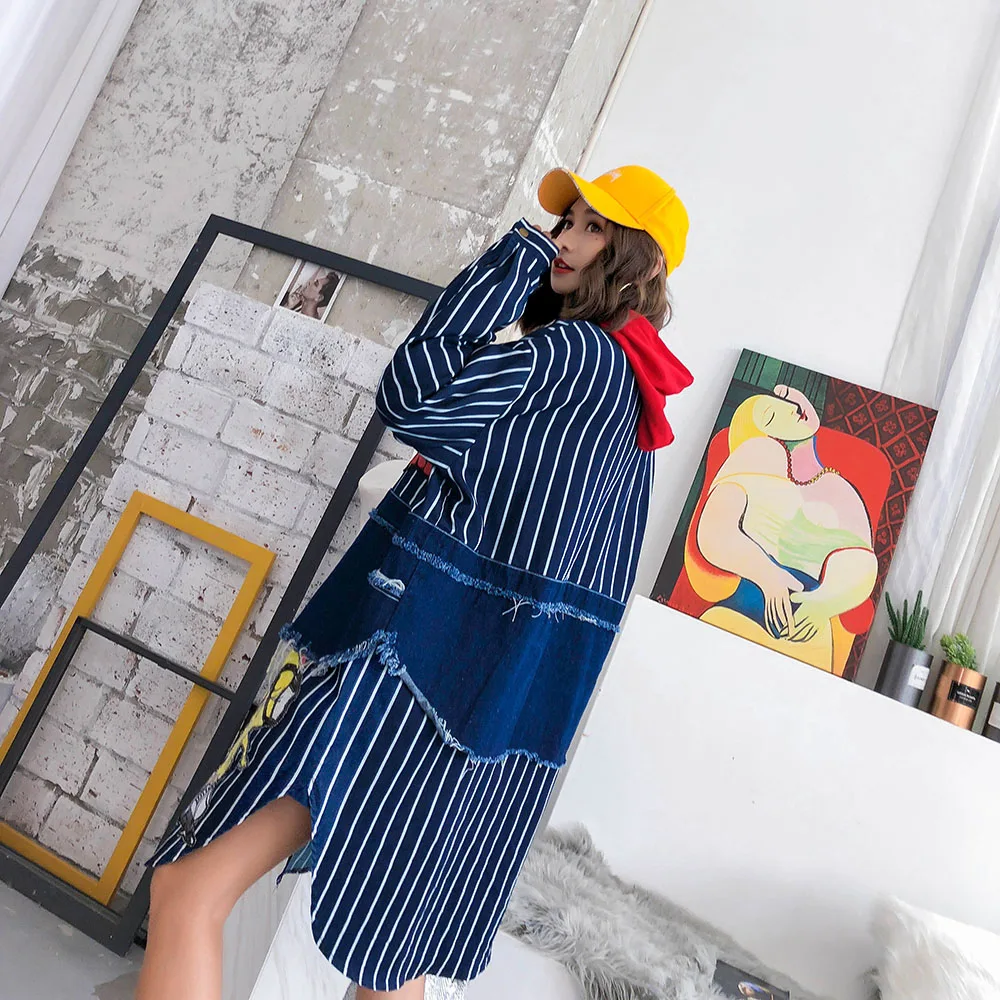 2019 весенние джинсовые длинные пальто Модные женские полосатые с