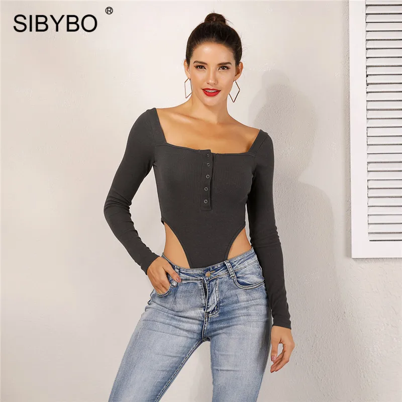 Sibybo, хлопковый сексуальный женский комбинезон с вырезом лодочкой, Осень-зима, Облегающий комбинезон с длинным рукавом, Женский Повседневный комбинезон с пуговицами