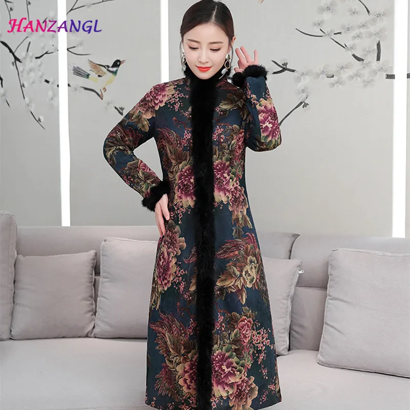 2 HANZANGL, зимнее пальто, куртка, женская, с длинным рукавом, теплая, замша, чонсам, хлопок, толстая, длинная парка, китайский стиль, женская одежда - Цвет: 2