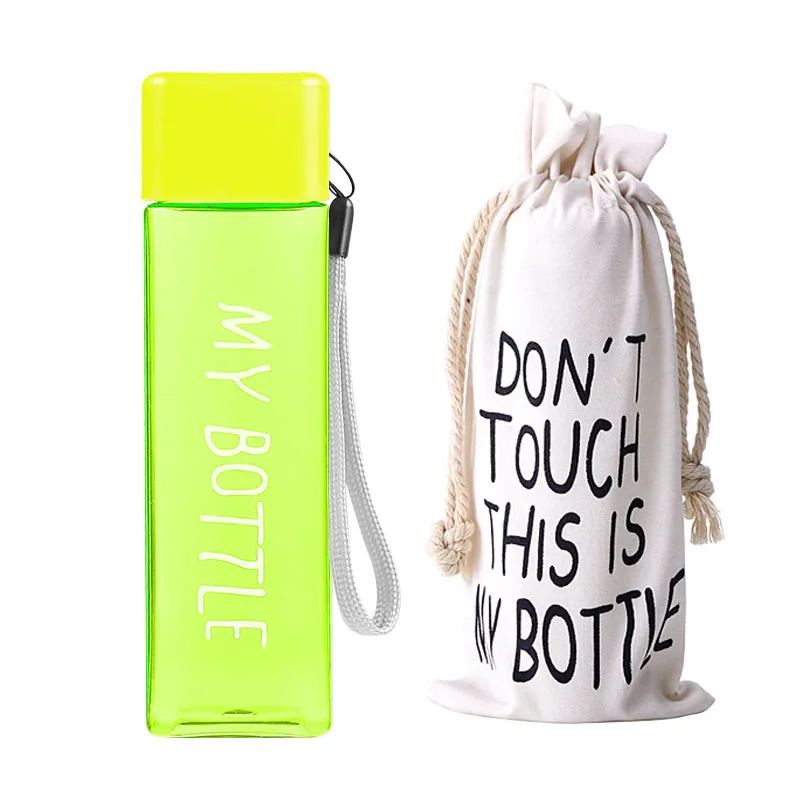 green and bag Новая квадратная пластиковая бутылка My bottle 500 мл для бутылок с водой для питья с веревкой, прозрачная или матовая Спортивная, корейский стиль, термостойкая - Цвет: green and bag