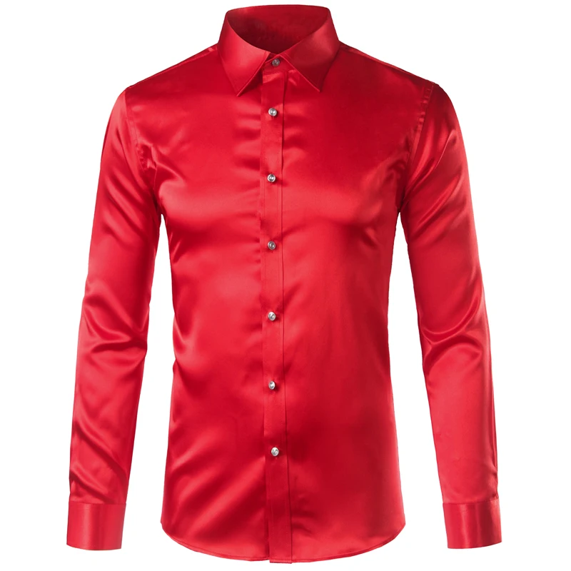 Трендовая шелковая атласная Мужская рубашка с длинным рукавом Chemise Homme модная мужская приталенная рубашка из искусственного шелка на пуговицах
