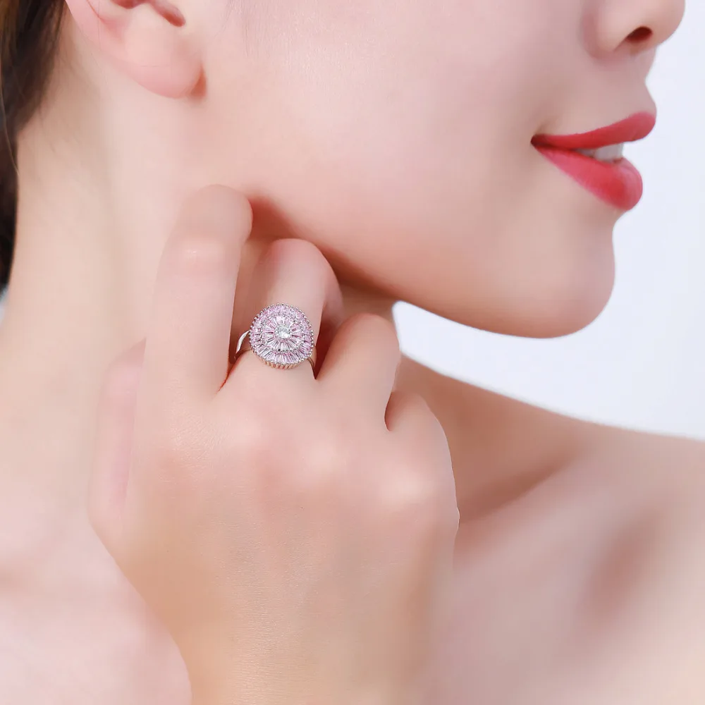 Lingmei цветок фиолетовый и розовый круглый белый кубический цирконий серебряный