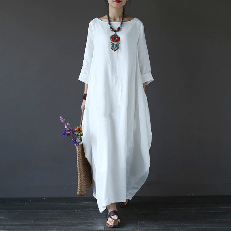 High Quality 2018 New Spring Summer Women 4xl 6xl Dresses Cotton Linen Robe Longue femaleDecoration Big Size Long Sleeve Dress | Женская