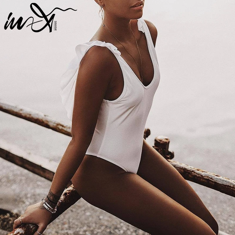 In-X Ruffle sexy monokini 2019 White bikini High cut swimsuit female bathers Plus size swimwear XL bathing suit black one piece | Спорт и