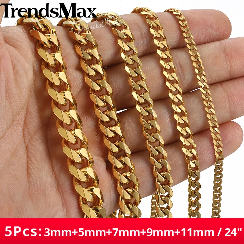 3/5/7/9/11mm 24&quot Men's Necklace 5Pcs/Lot Stainless Steel Cuban Link Chain Gold Color for Men Wholesale Jewelry KNM08A | Украшения и