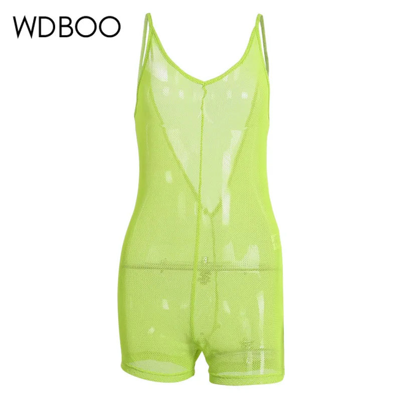 

WDBOO Fishnet Mesh Playsuit Lime Green Summer Beach Smock Women Casual V Back Sleeveless Perspective Jumpsuit Short Overalls