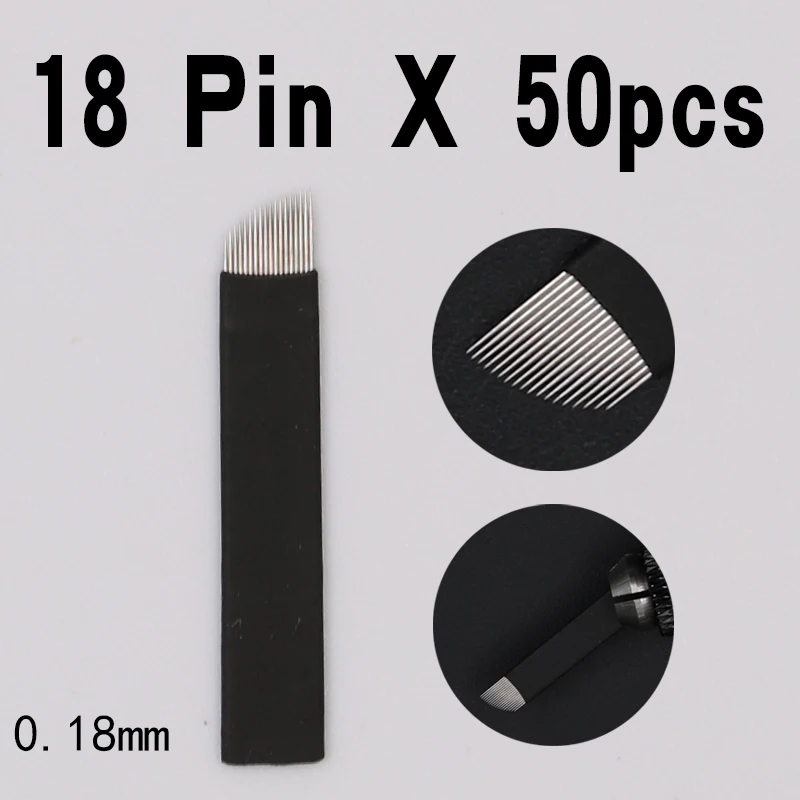 

50PCS 18 Pins Permanent Makeup Eyebrow Tattoo Bevel Blade Microblading Needles For 3D Embroidery Manual Tatoo Pen Machine black