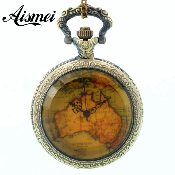 

wholesale buyer price good quality new bronze fashion vintage retro classic globe map pocket watch necklace chain hour 5pcs/lot