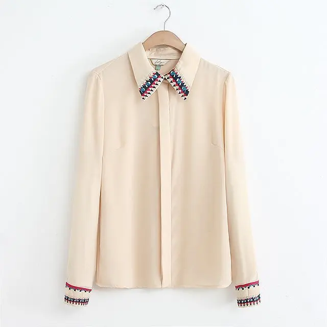 The 2014 women's spring / summer new collar edge embroidery color cardigan Ou fan all-match long sleeved chiffon blouse |