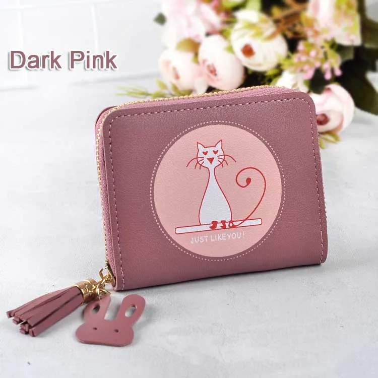 Dark Pink Кот короткие Ленточки женские бумажники с застежкой-молнией держатель для карт для девочек кошельки бумажник леди толстосумы цвет конфеты мини сумки карман - Цвет: Dark Pink