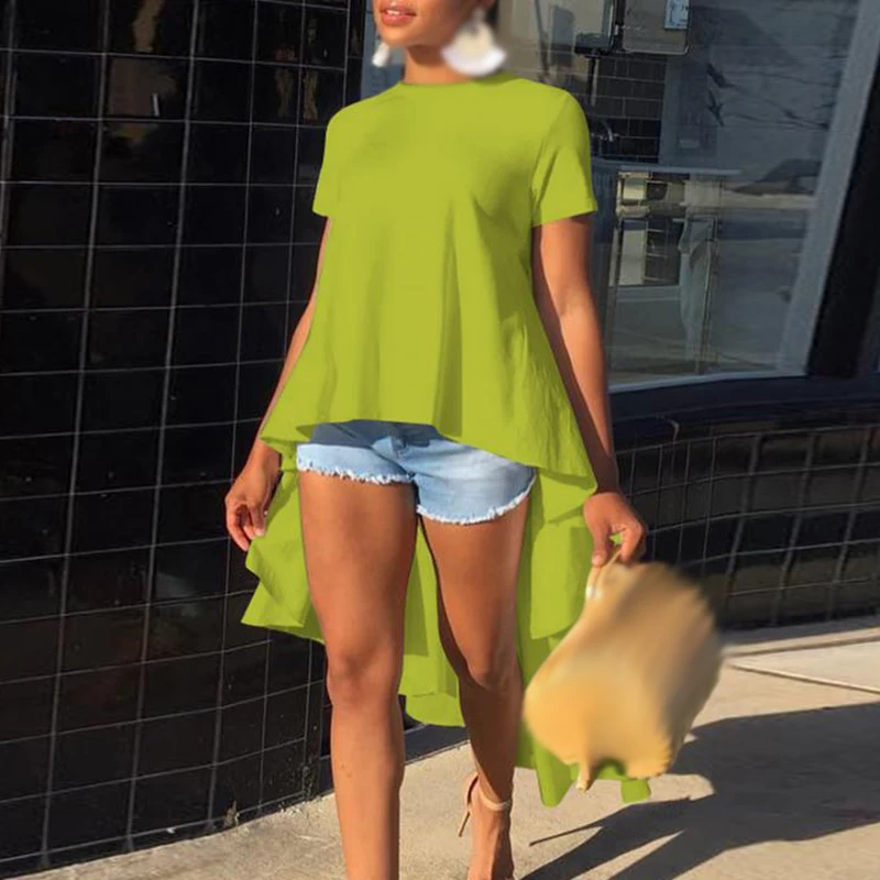 Женская летняя рубашка с коротким рукавом новинка Irregualr топы высокая низкая плюс