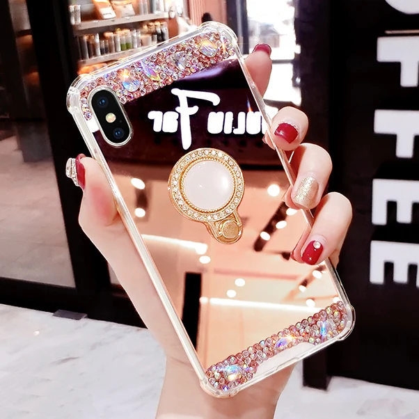 Роскошный мягкий зеркальный чехол для iphone X XS MAX XR 8 Plus 7 защитный с кольцом