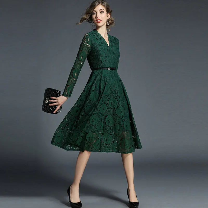 Зеленый элегантные дамы v-образным вырезом кружевное платье ремень Vetement Femme 2018