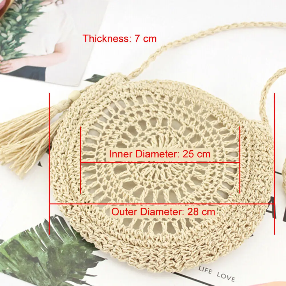 

Hot Rattan Woven Round Women Straw Bag Handbag Knit Summer Beach Bag Woman Shoulder Messenger Bag Tassel Bags