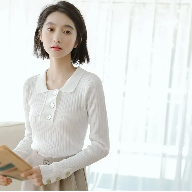 

2020 Autumn Women Button Sweater Korean Style Long Sleeve Shirt Sweater Casual Lady Lapel Solid Knit Sweater Pullovers