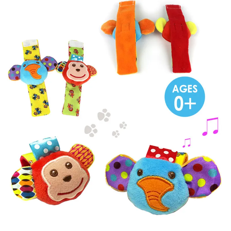 Мягкая детская погремушка с рисунками животных для детей 0-24 месяцев на запястье