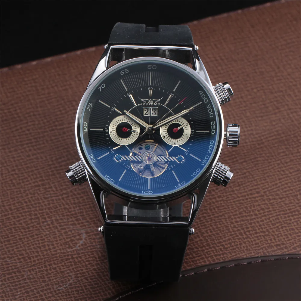 Автоматические механические часы JARAGAR Tourbillon мужские с резиновым календарем