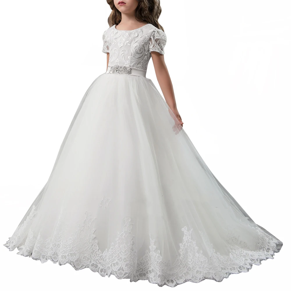 Fancy pink little girls dress long flower girl kids ball gown with sash first communion dresses for | Детская одежда и обувь