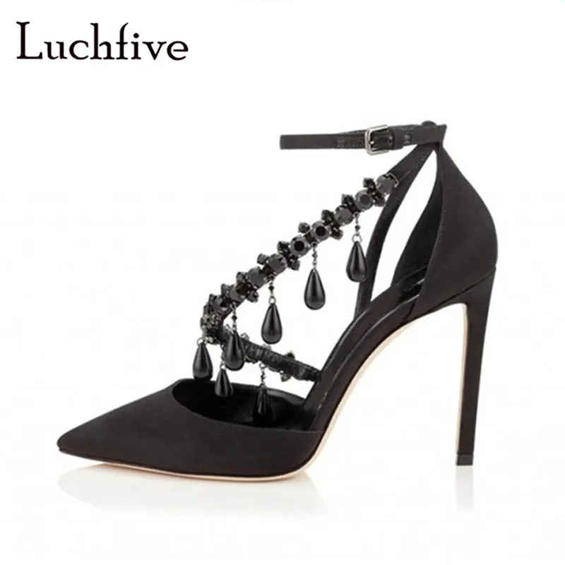 Новые женские сандалии со стразами пикантные с острым носком элегантные тонкие