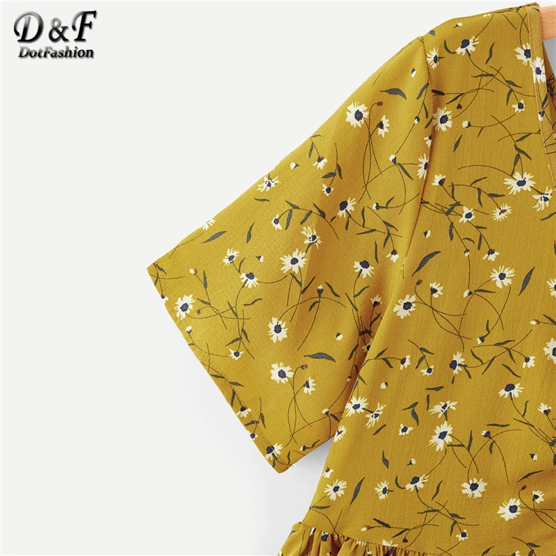 Dotfashion, женская летняя шифоновая блузка размера плюс, имбирный гофрированный подол, цветочный узор, топ, v-образный вырез, короткий рукав, топы, женские блузки
