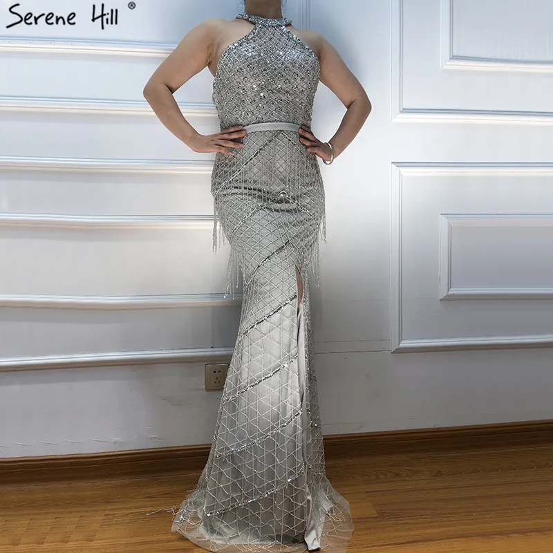 Женское вечернее платье с бахромой серое лямкой на шее Роскошное дизайнерское