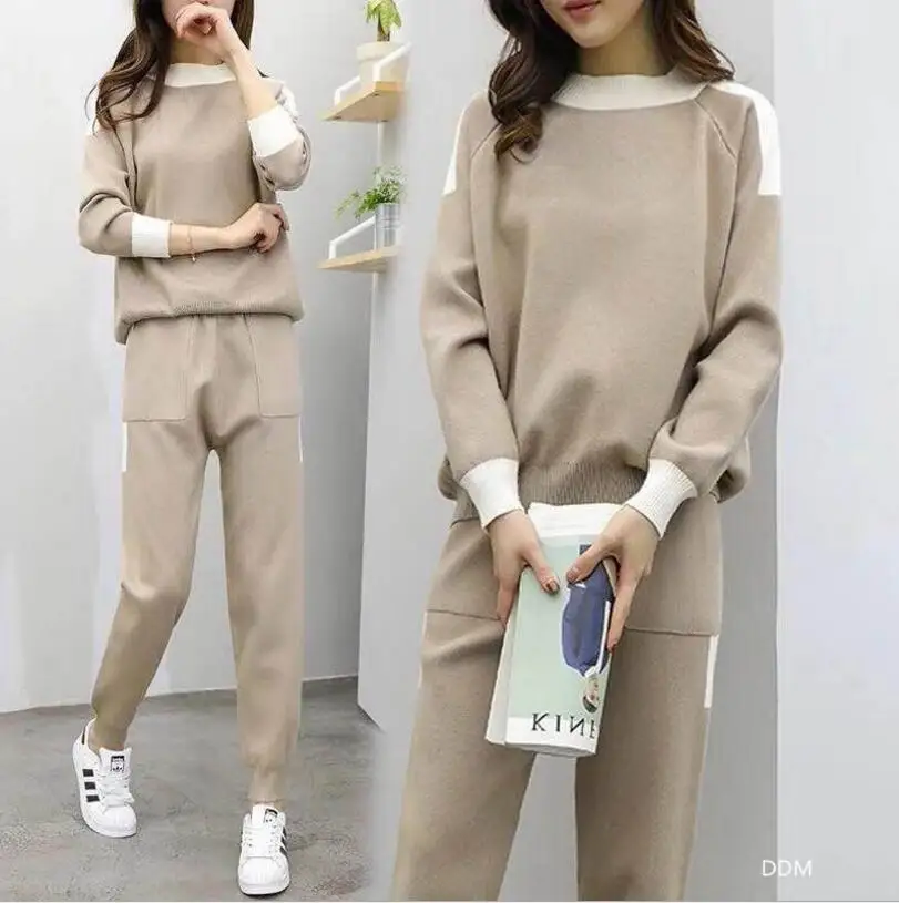 2018 осенне зимний новый женский вязаный костюм сочетающихся цветов свитер для