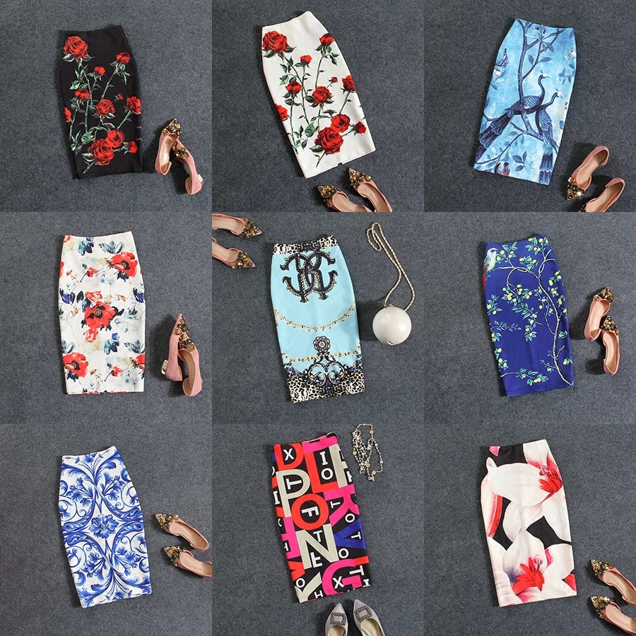 

2023 Skirts Womens Straight Time-limited Cotton Fashion None Summer Women Skirt New Roses Sexy High Waist Pack Hip Print Female