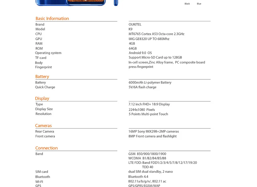 OUKITEL K9 водослива 7,1" FHD+ 1080*2244 16MP+ 2MP/8MP мобильный телефон 4GB 64GB Face ID смартфон 6000mAh 5 V/6A Быстрая зарядка OTG
