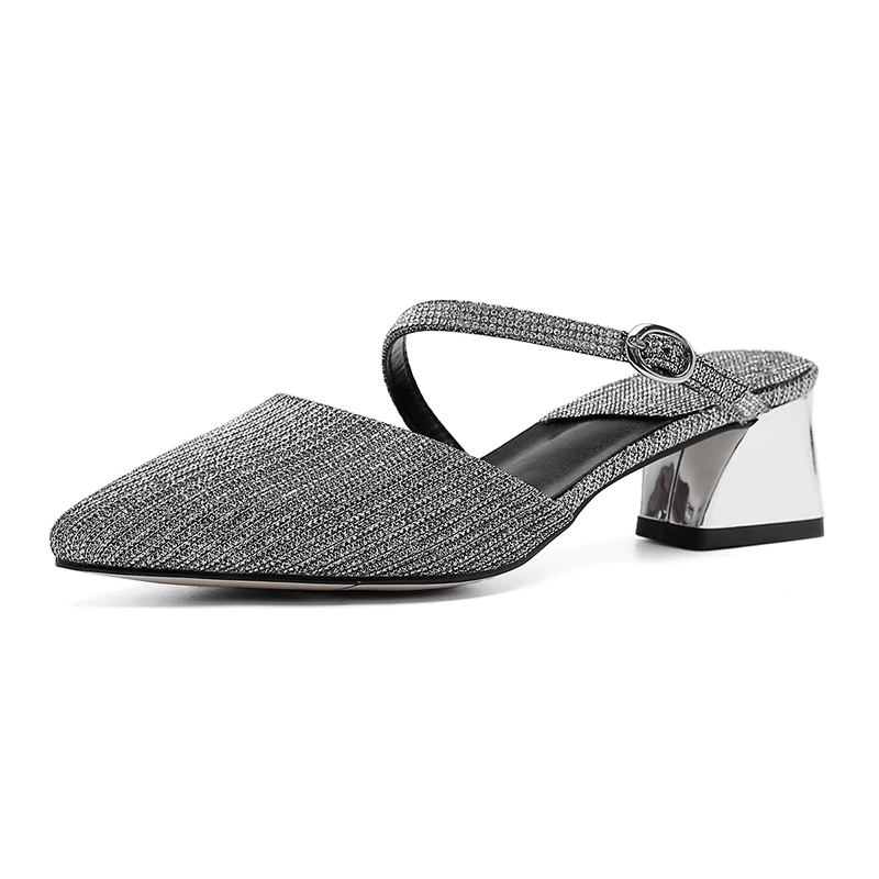 Silver 4.5cm MNIXUAN/Женская обувь высокого качества; туфли-лодочки; Новинка года; Летние неглубокие повседневные туфли с острым носком; шлепанцы на среднем каблуке; большие размеры 42 - Цвет: Silver 4.5cm