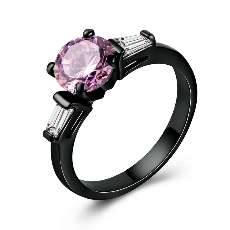 Розовый Huitan Solitaire женское кольцо с черной лентой модное свадебное кольцо на палец с Круглый фианит зубец Настройка юбилей подарок - Цвет основного камня: Розовый