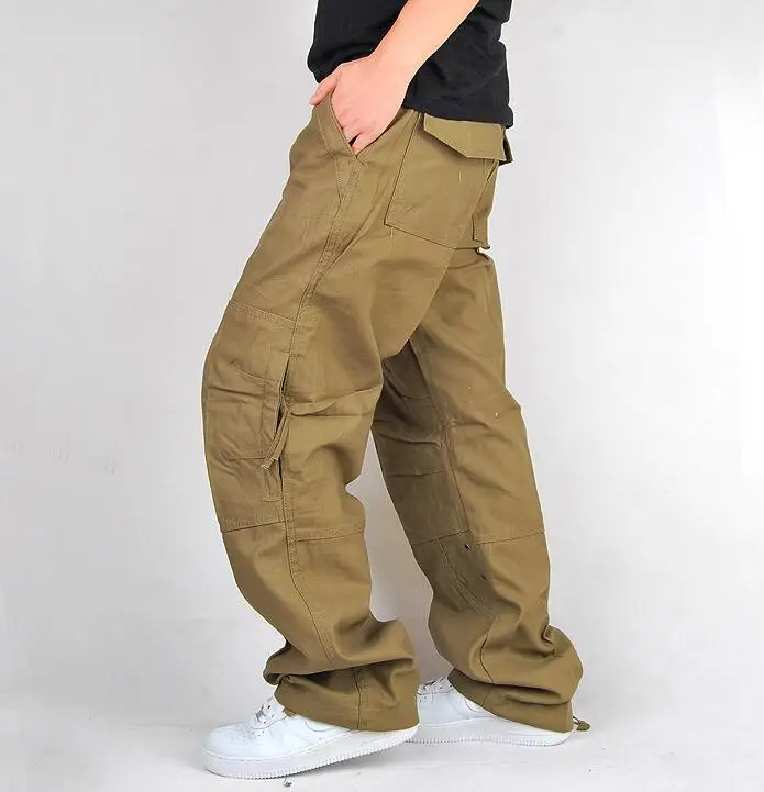 KHAKI Мужские брюки-карго, повседневные, большие, мешковатые, на молнии, с карманами, тактические, Военный стиль, брюки, весенние, мужские, хлопковые, модные, армейские, свободные брюки - Цвет: KHAKI