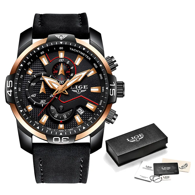 Black rose gold Новинка, мужские часы LIGE s, Топ бренд, роскошные мужские повседневные кожаные кварцевые часы, мужские спортивные водонепроницаемые часы, Relogio Masculino - Цвет: Black rose gold