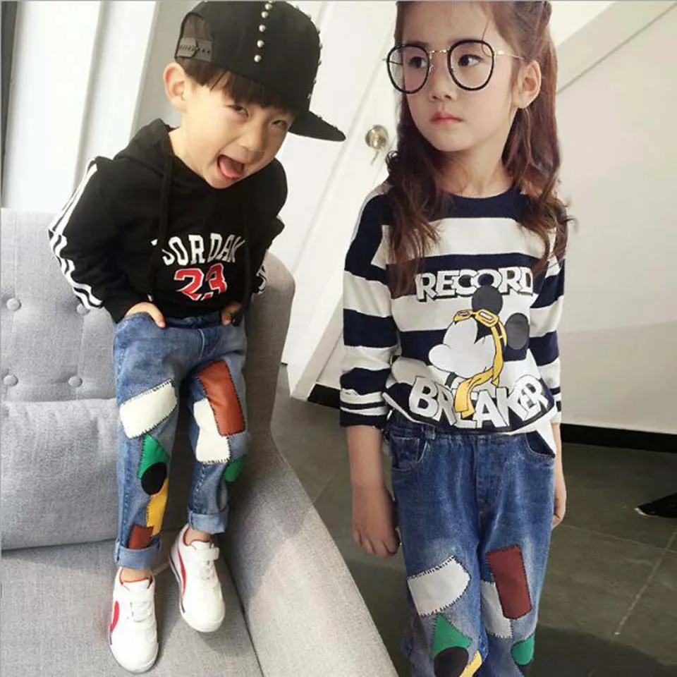 Джинсы для мальчиков 2017 модные джинсы на весну и осень детские джинсовые брюки